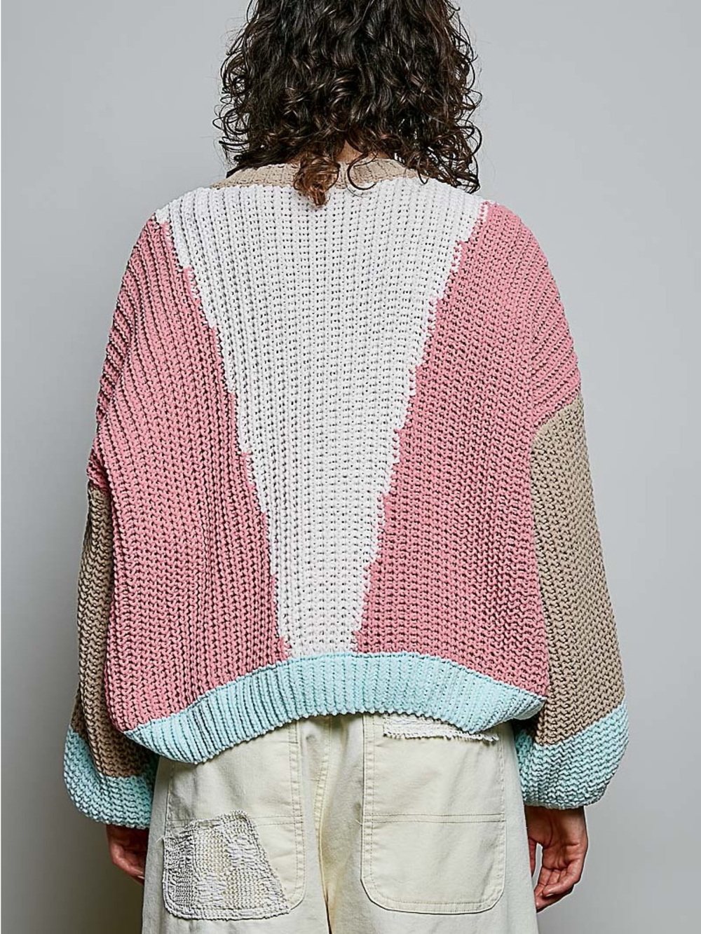 GST361 POL Colorblock V-Neck Sweater in Pink, Mint & Beige - Picture 6 of 6